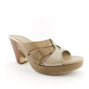 COLE HAAN Taupe & Gold Leather Open Toe Slide Heel Sandals 5.5